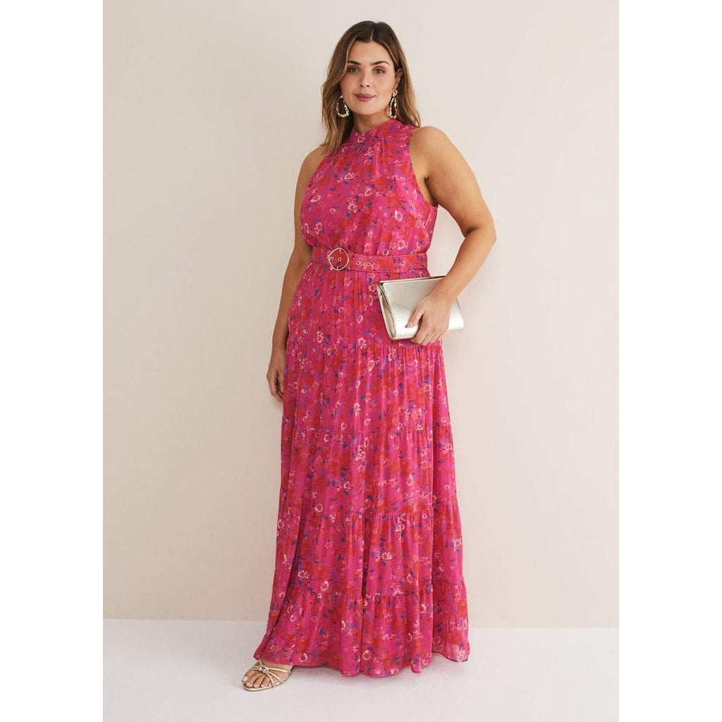 Phase Eight Kara Tiered Belted Floral Maxi Dress - Neon Pink - Beales department store