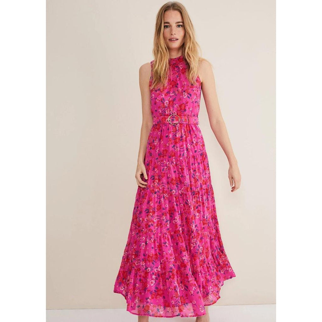 Phase Eight Kara Tiered Belted Floral Maxi Dress - Neon Pink - Beales department store