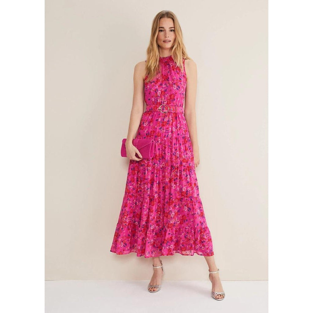 Phase Eight Kara Tiered Belted Floral Maxi Dress - Neon Pink - Beales department store