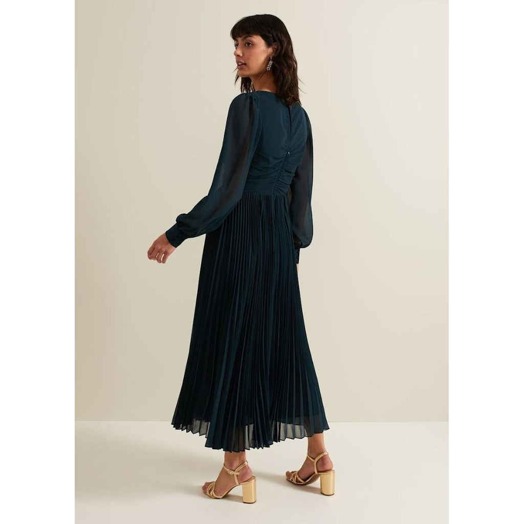 Phase Eight Kindra Teal Chiffon Pleated Midi Dress - Teal - Beales department store