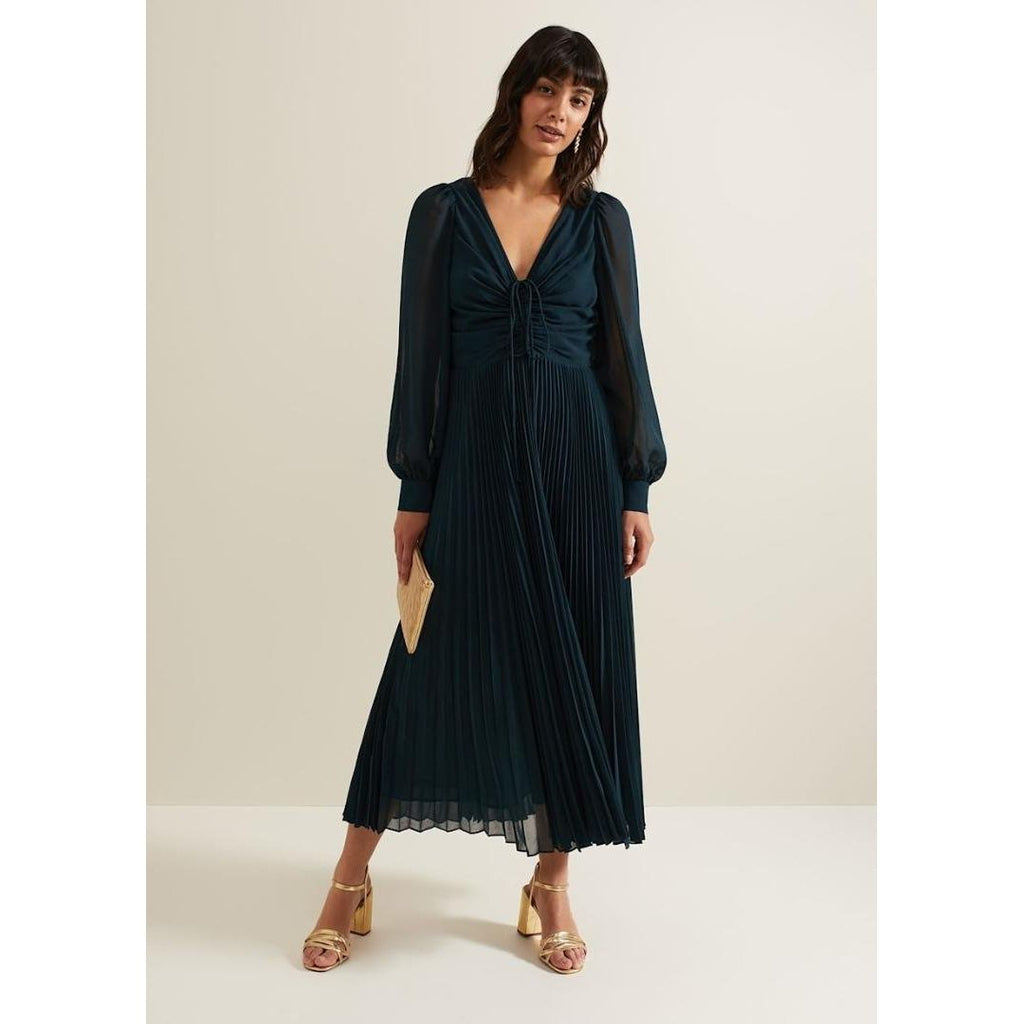 Phase Eight Kindra Teal Chiffon Pleated Midi Dress - Teal - Beales department store