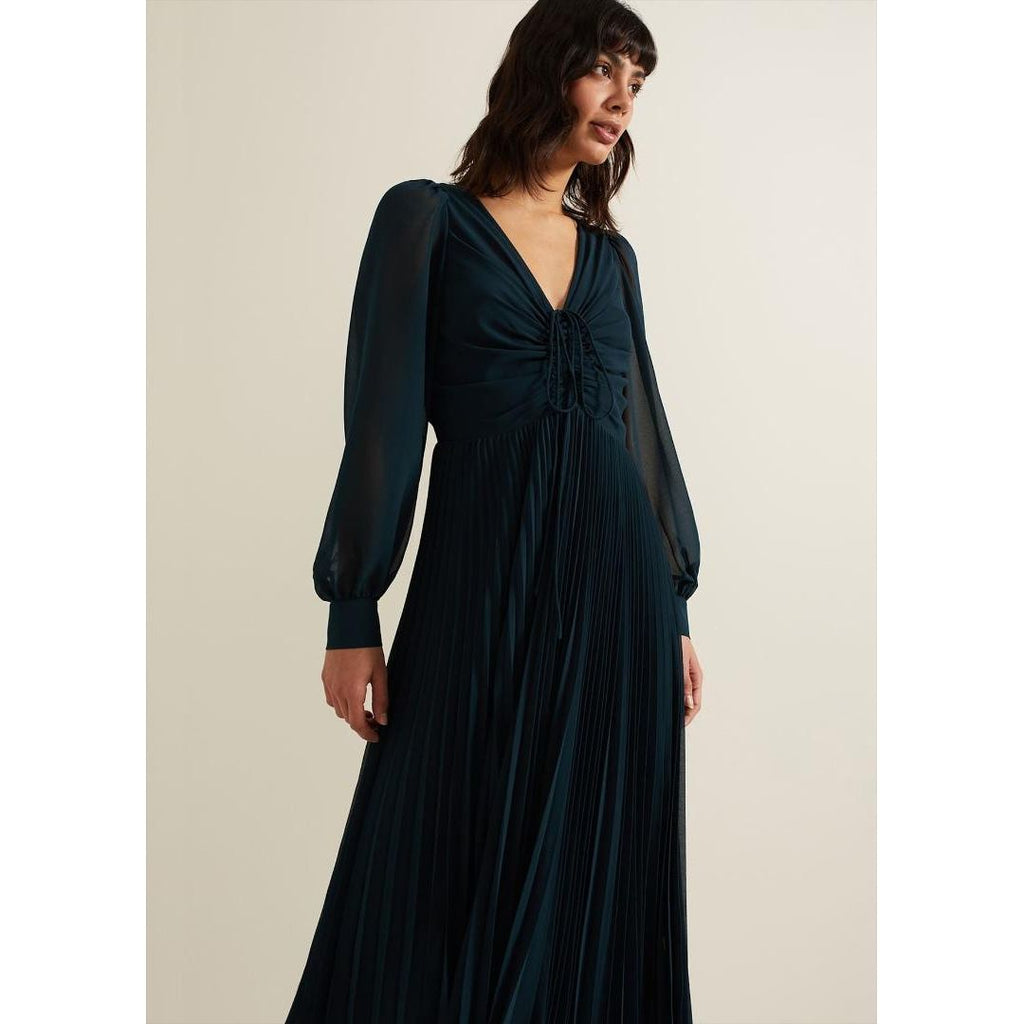 Phase Eight Kindra Teal Chiffon Pleated Midi Dress - Teal - Beales department store