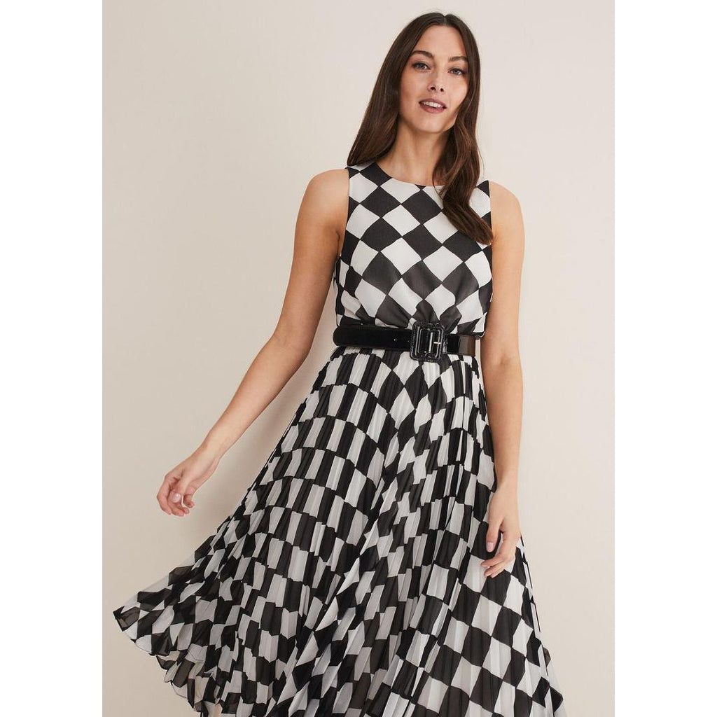 Phase Eight Laurel Checked Pleated Midi Dress - Black/White - Beales department store