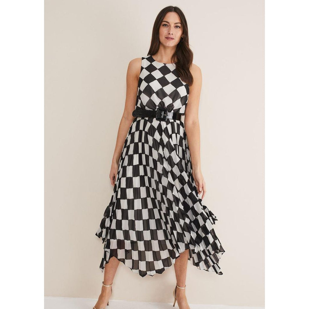 Phase Eight Laurel Checked Pleated Midi Dress - Black/White - Beales department store