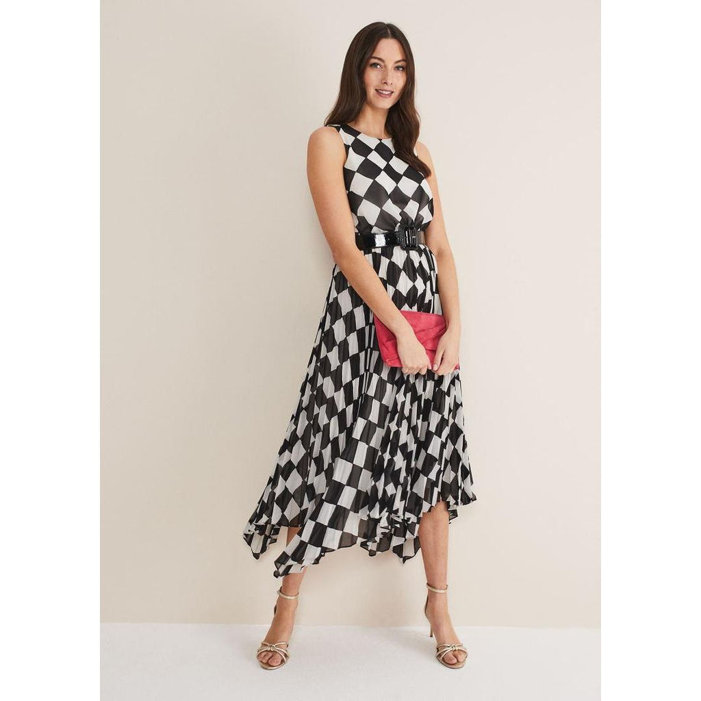 Phase Eight Laurel Checked Pleated Midi Dress - Black/White - Beales department store