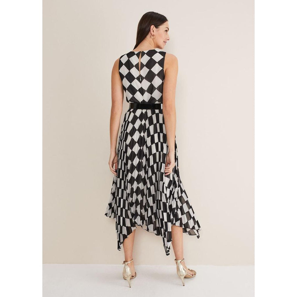 Phase Eight Laurel Checked Pleated Midi Dress - Black/White - Beales department store