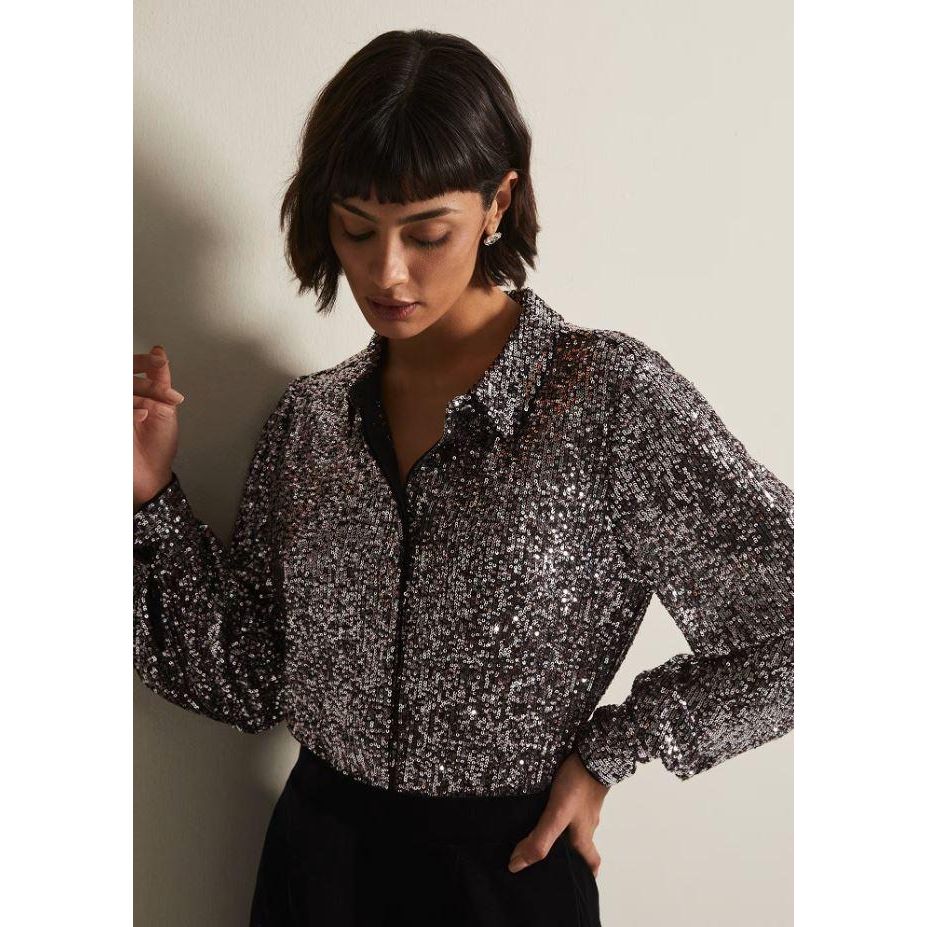 Phase Eight Medora Sequin Shirt - Silver - Beales department store