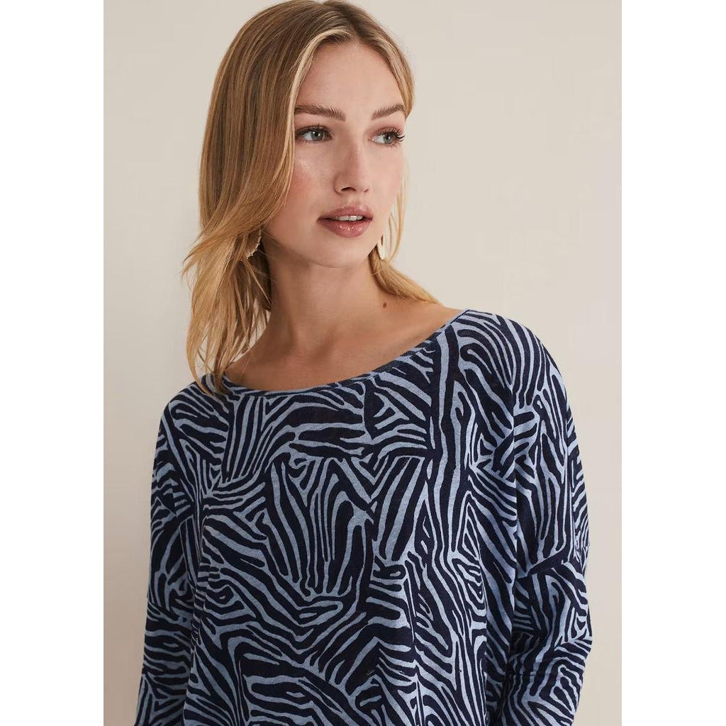 Phase Eight Moire Zebra Linen Top - Blue - Beales department store