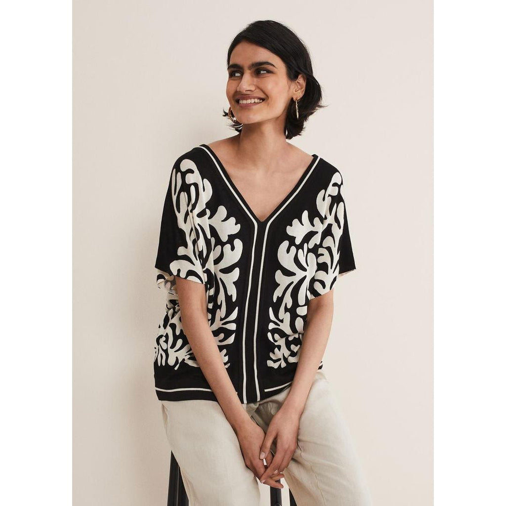 Phase Eight Natalie V Neck Printed Top - Black/Ivory - Beales department store