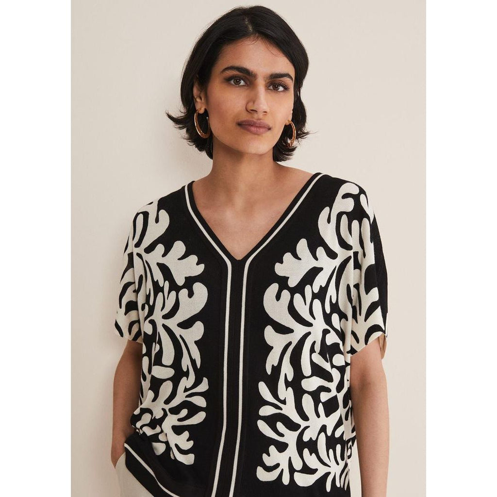 Phase Eight Natalie V Neck Printed Top - Black/Ivory - Beales department store