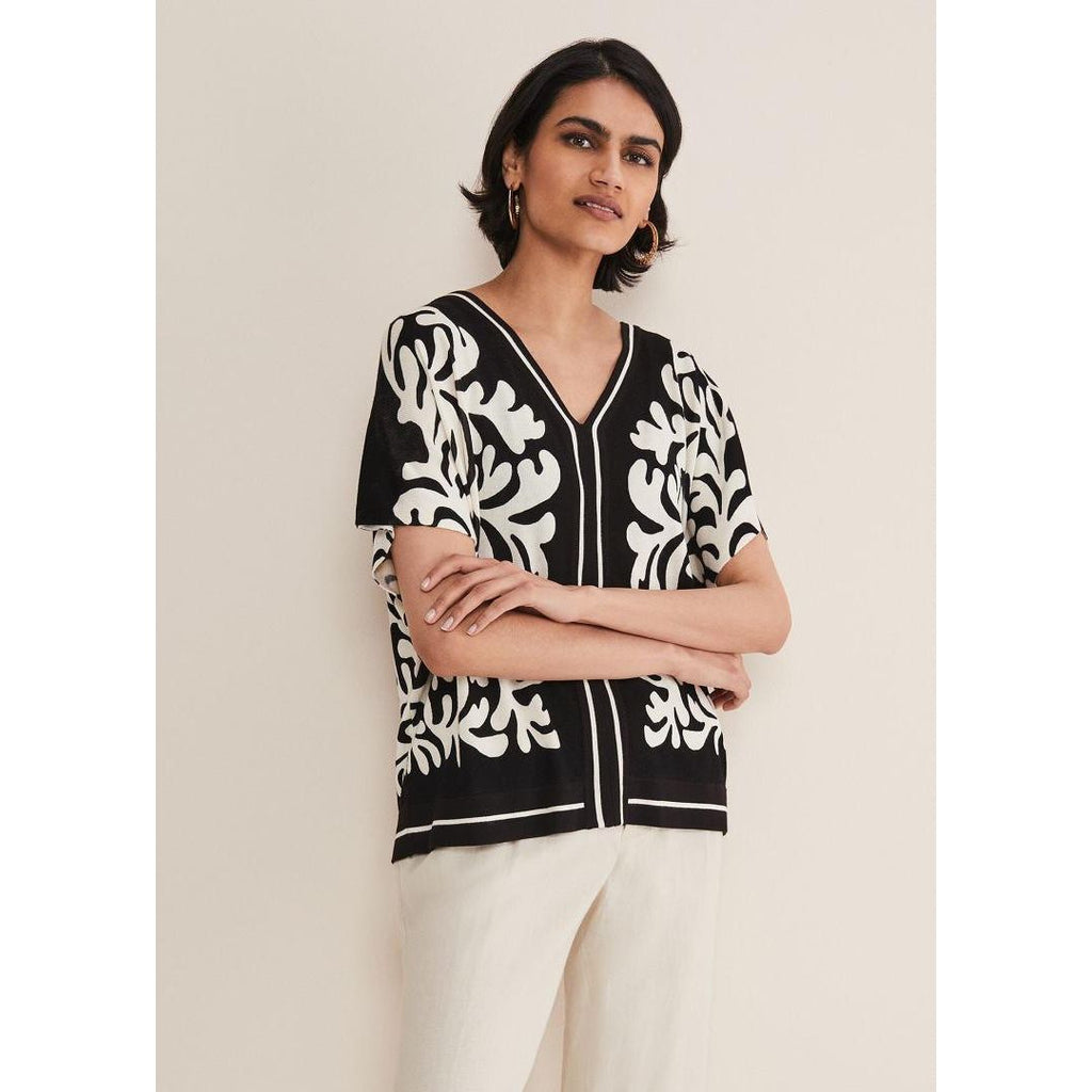 Phase Eight Natalie V Neck Printed Top - Black/Ivory - Beales department store