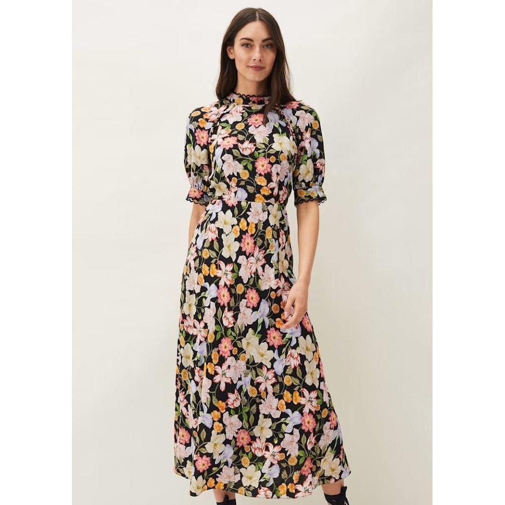 Phase Eight Penelope Floral Puff Sleeve Midi Dress - Black/Multi - Beales department store