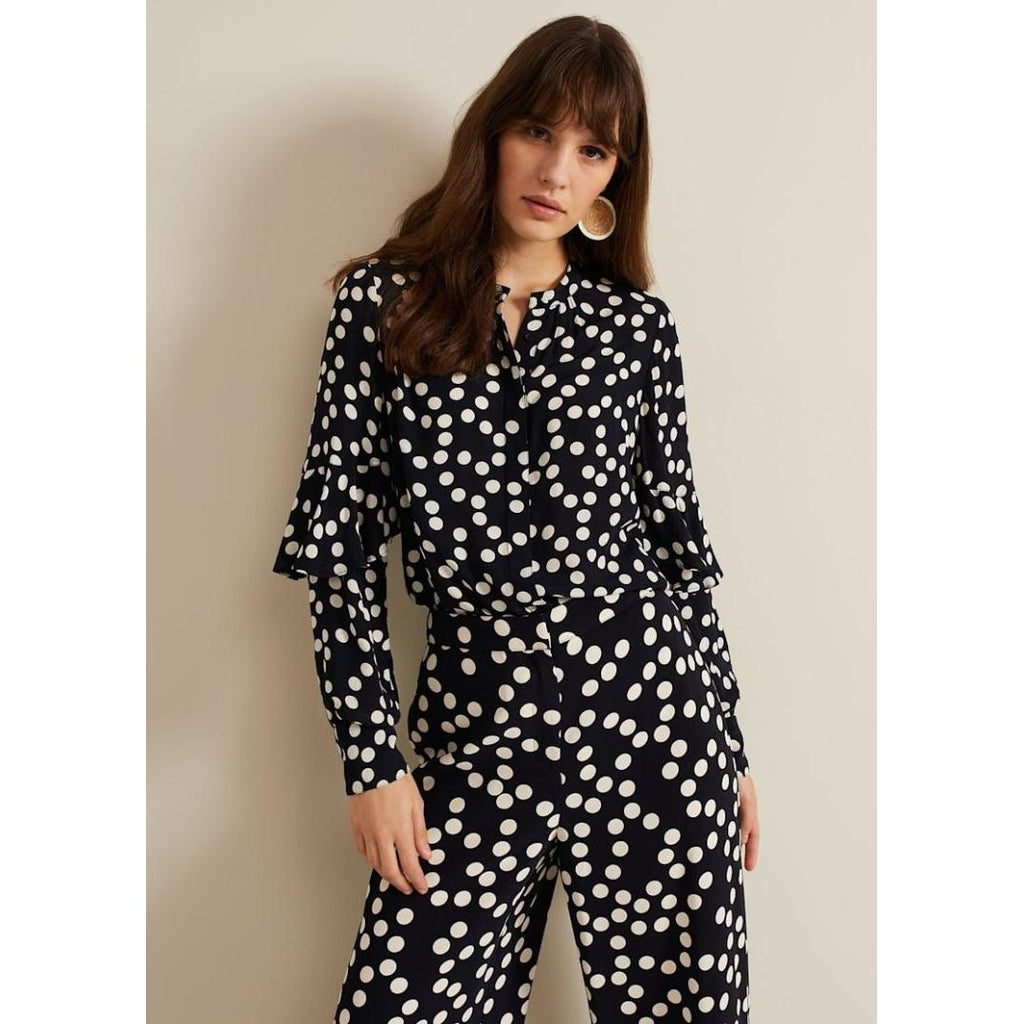 Phase Eight Peyton Polka Dot Frill Blouse - Navy - Beales department store