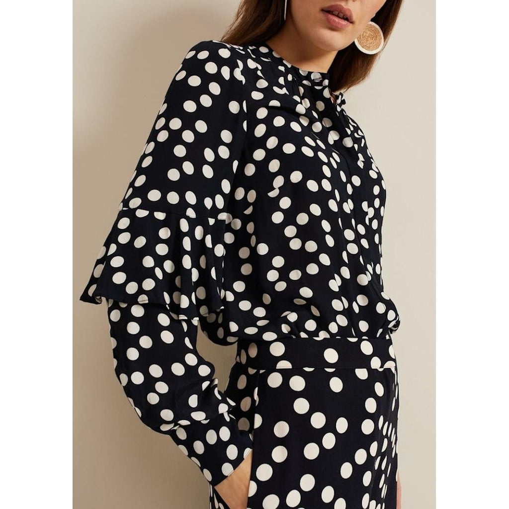 Phase Eight Peyton Polka Dot Frill Blouse - Navy - Beales department store