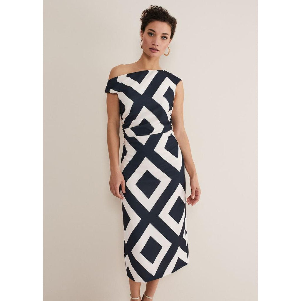 Phase Eight Posy Geo Fitted Dress - Powder Pink/Navy - Beales department store