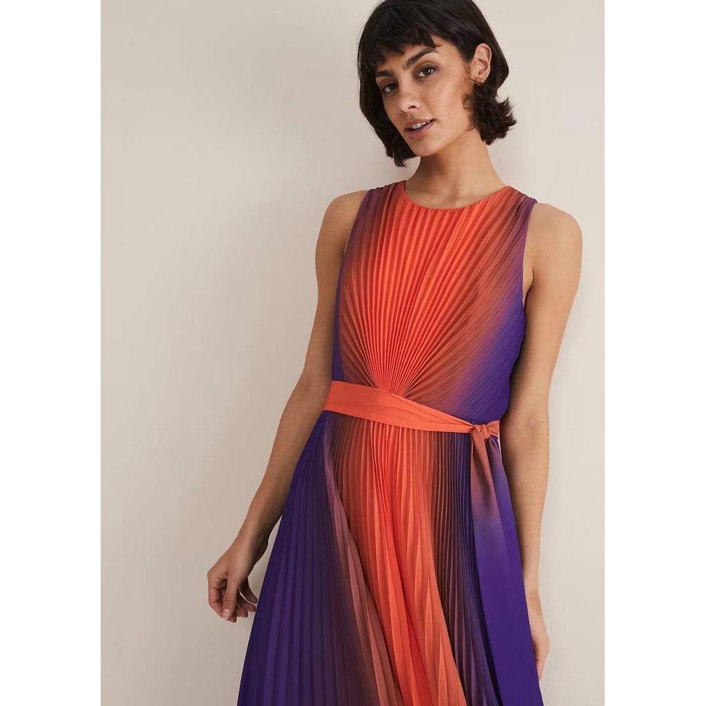 Phase Eight Simara Ombre Pleated Midi Dress - Vermillion/Multi - Beales department store