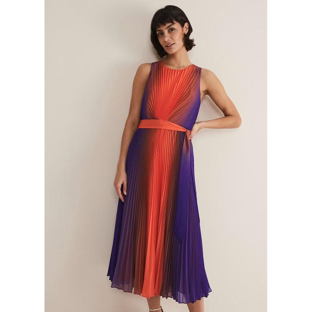 Phase Eight Simara Ombre Pleated Midi Dress - Vermillion/Multi - Beales department store