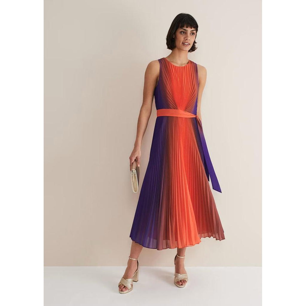 Phase Eight Simara Ombre Pleated Midi Dress - Vermillion/Multi - Beales department store