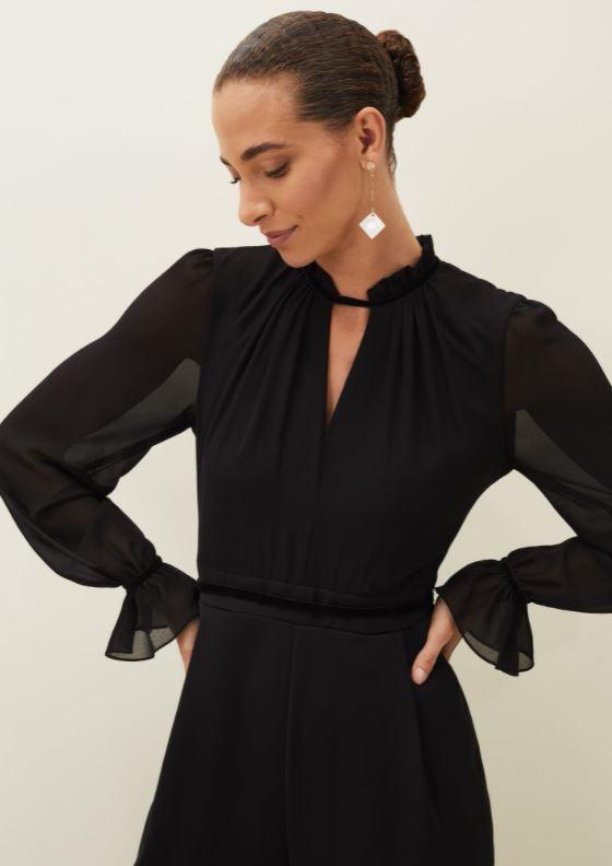 Phase Eight Una Velvet Trim Jumpsuit - Black - Beales department store