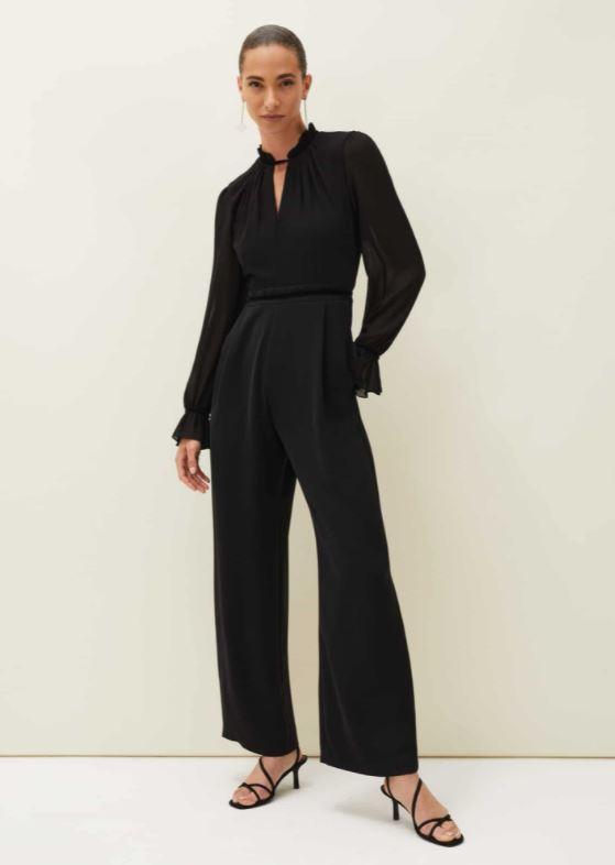 Phase Eight Una Velvet Trim Jumpsuit - Black - Beales department store