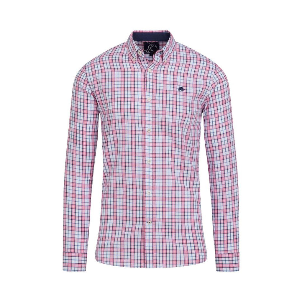 Raging Bull Long Sleeve Multi Check Poplin Shirt - Pink - Beales department store