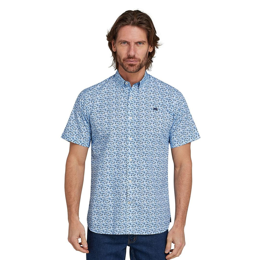 Raging Bull Short Sleeve Ditsy Floral Print Shirt - Mid Blue - Beales department store