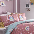 Rainbow Pom Pom Trim Reversible Cotton Kids Duvet Set