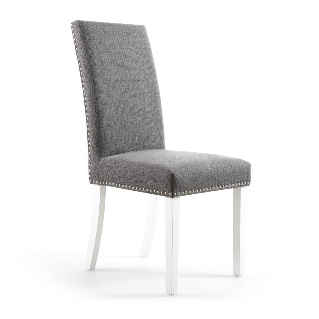 Randall Stud Detail Linen Effect Steel Grey Dining Chair In White Legs Set Of 2 - Beales department store