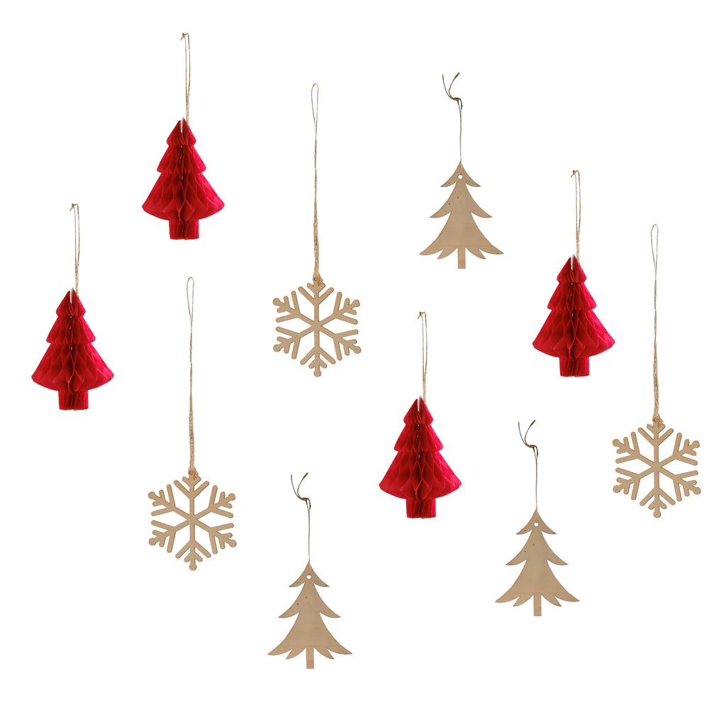 Wooden Trees, Foliage and Red Christmas Hanging Decorations