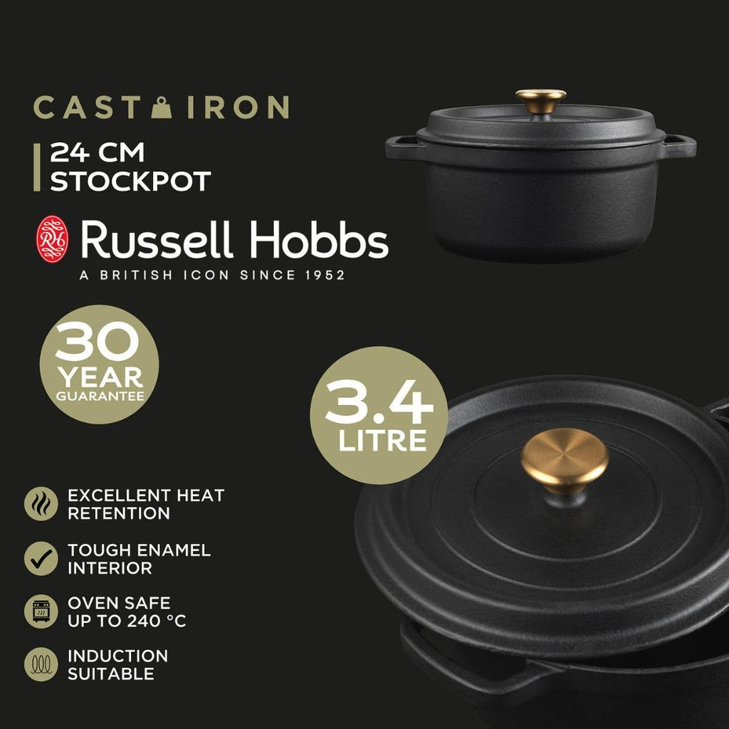 Russell Hobbs 24cm Cast Iron Stockpot - Black - Beales department store
