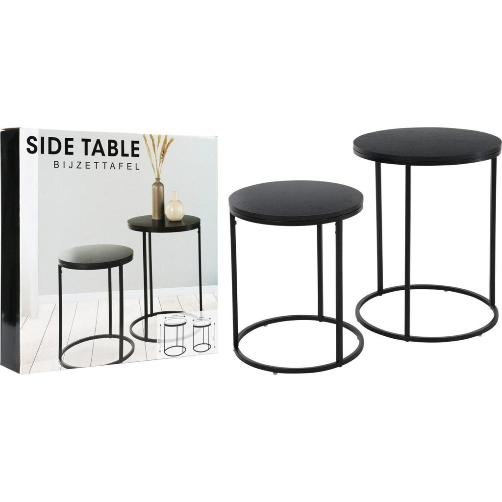 Set Of 2 Metal Side Tables With Pinewood Top - Black - Beales department store
