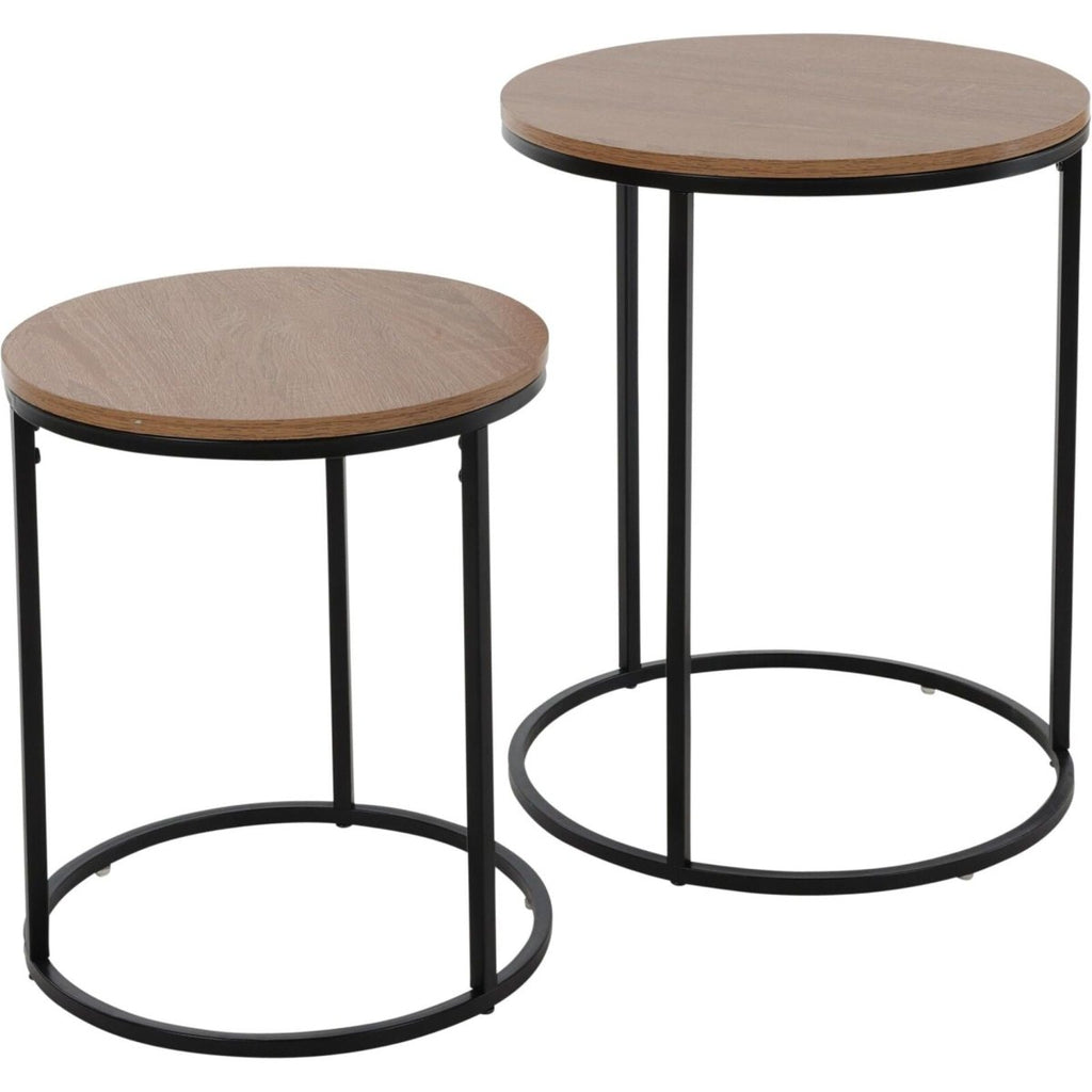 Set Of 2 Metal Side Tables With Pinewood Top - Natural - Beales department store