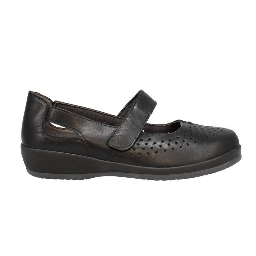 Shuropody Ada Extra Wide Leather Soft Touch Fastening Cut Out Design Mary Jane Flat Shoe - Black - Beales department store