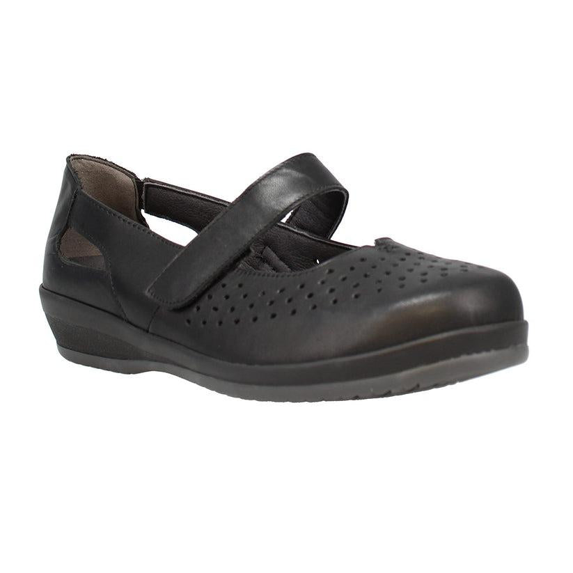 Shuropody Ada Extra Wide Leather Soft Touch Fastening Cut Out Design Mary Jane Flat Shoe - Black - Beales department store