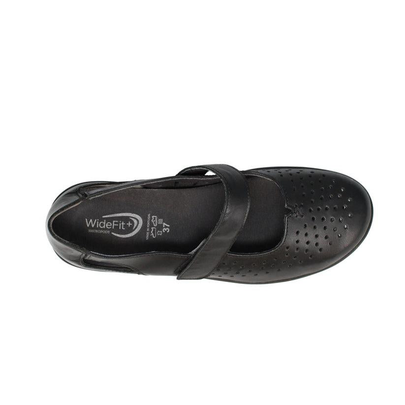 Shuropody Ada Extra Wide Leather Soft Touch Fastening Cut Out Design Mary Jane Flat Shoe - Black - Beales department store