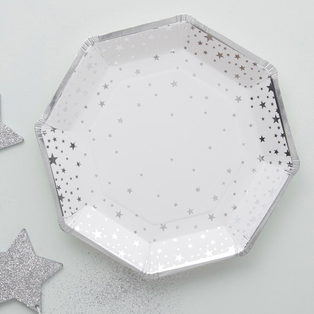 Silver Foiled Star Paper Plates - Beales department store