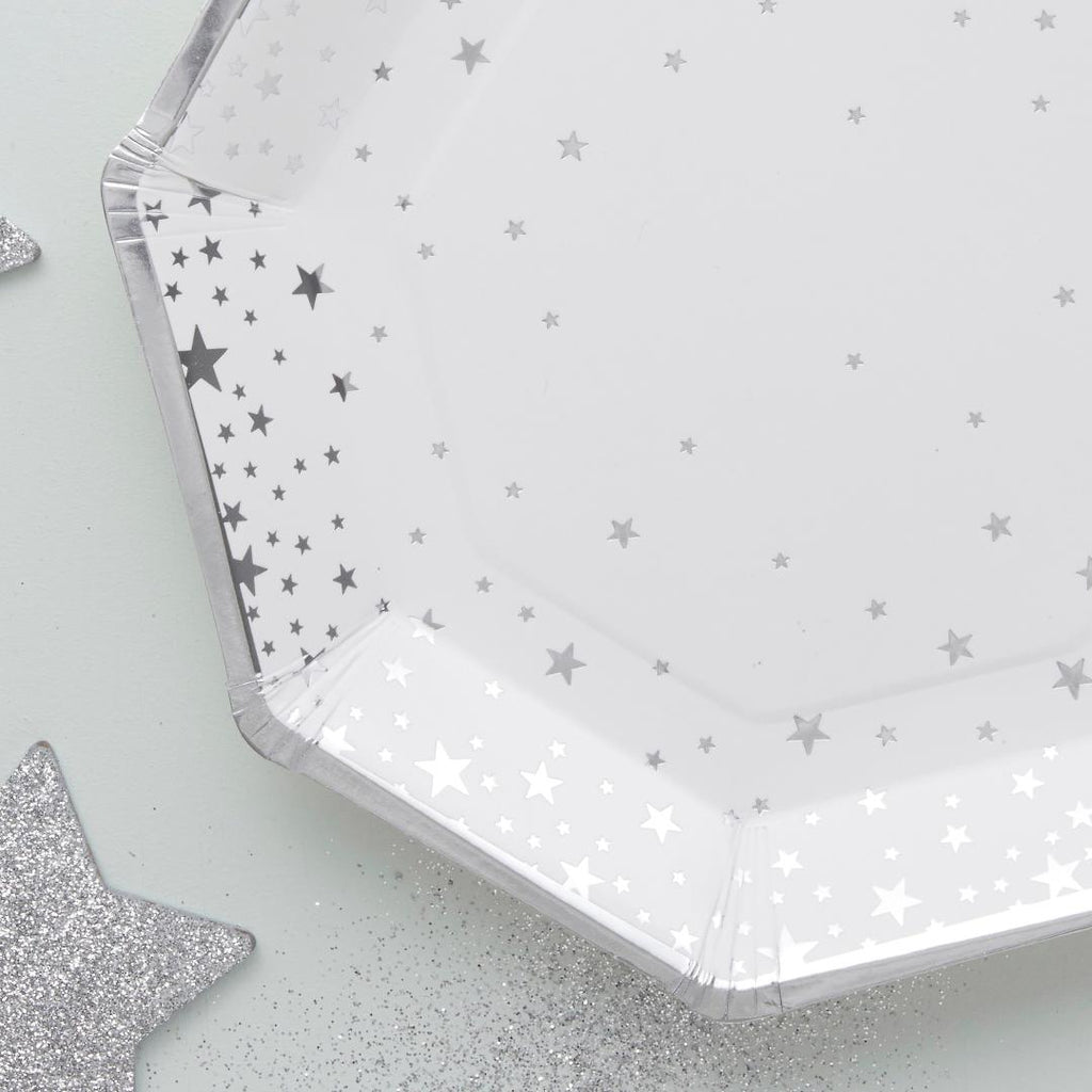 Silver Foiled Star Paper Plates - Beales department store