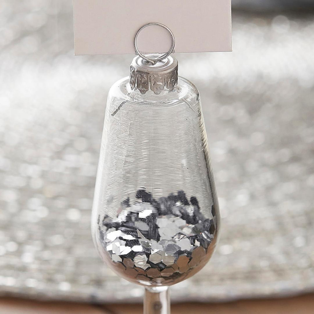 Silver Glitter Filled Wine Glass Christmas Place Card Holders - Beales department store