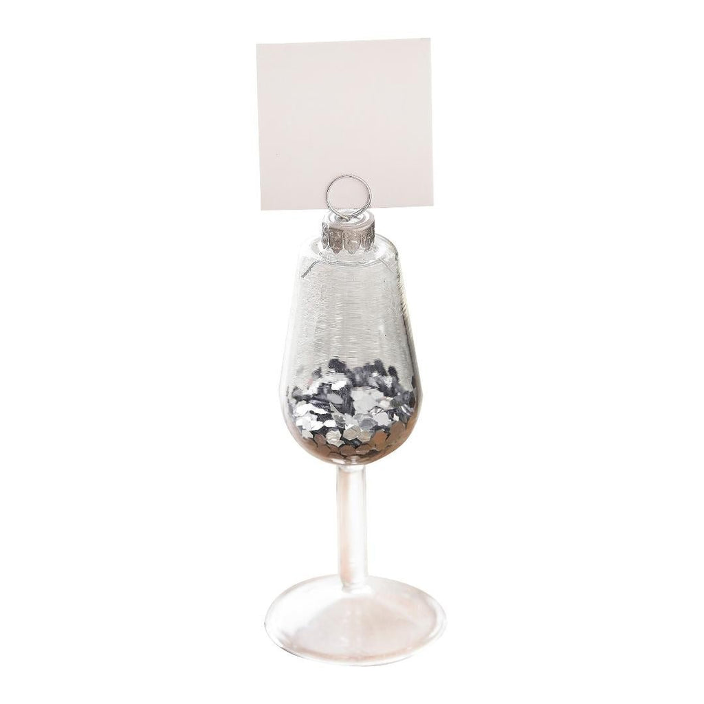 Silver Glitter Filled Wine Glass Christmas Place Card Holders - Beales department store