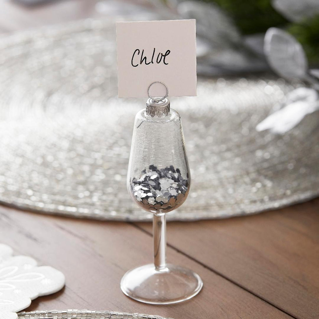 Silver Glitter Filled Wine Glass Christmas Place Card Holders - Beales department store