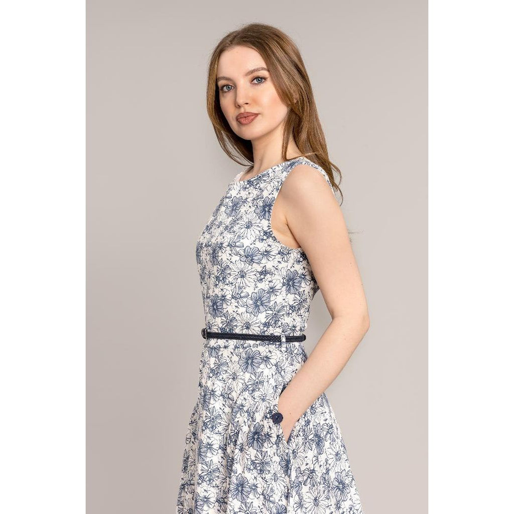 Solo Daisy Print Dress with Belt - Navy - Beales department store