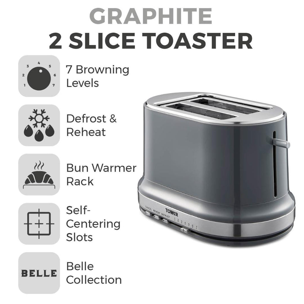 T20043GR Tower Belle 2 Slice Toaster - Graphite - Beales department store