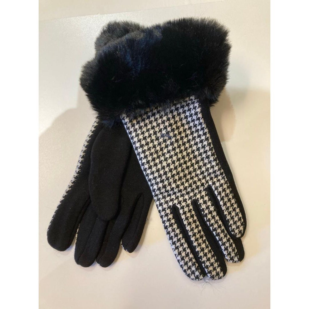 The Posh Store Faux Fur Collar Gloves - Dogtooth - Beales department store