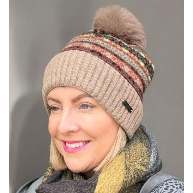 The Posh Store Harriet Zig Zag Pom Pom Hat - Brown - Beales department store