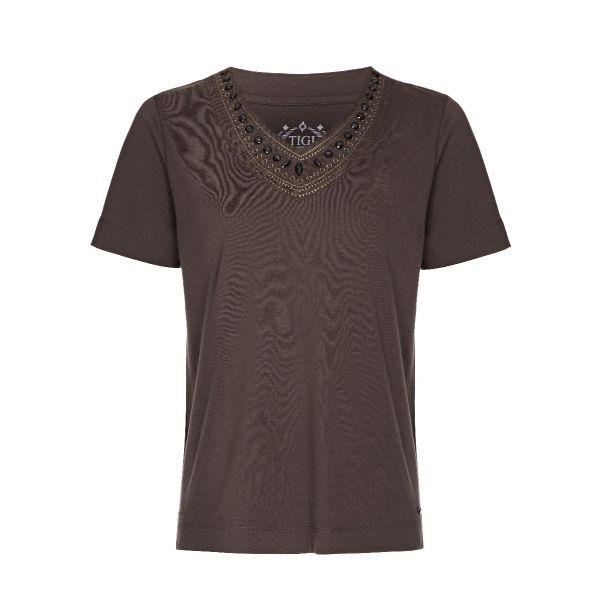 TIGI Embroided V-Neck Top - Truffle - Beales department store