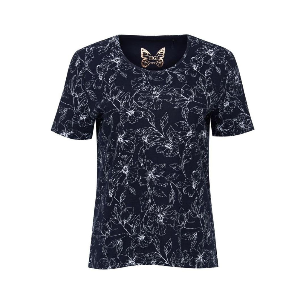 TIGI Navy Round Neck Floral Print Top - Beales department store