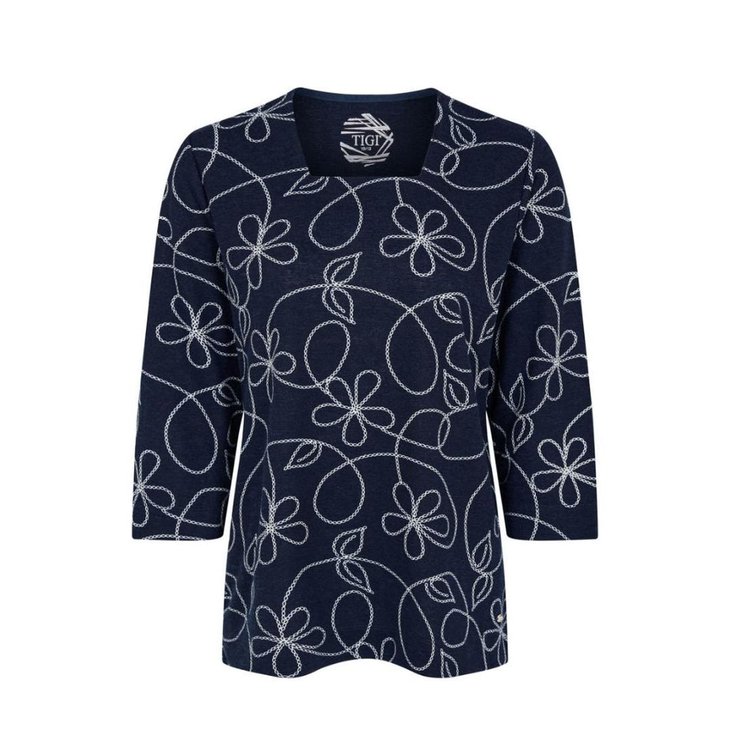 TIGI Navy Square Neck Print Tunic Top - Beales department store