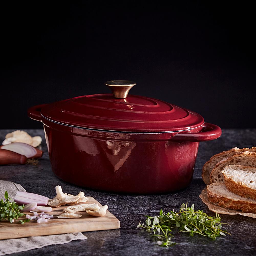 Tower 29cm Cast Iron Oval Casserole Dish Bordeaux Red - Beales department store