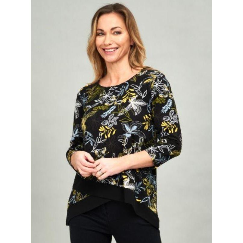 VIZ-A-VIZ Asymmetric Leaf Print Top - Charcoal - Beales department store