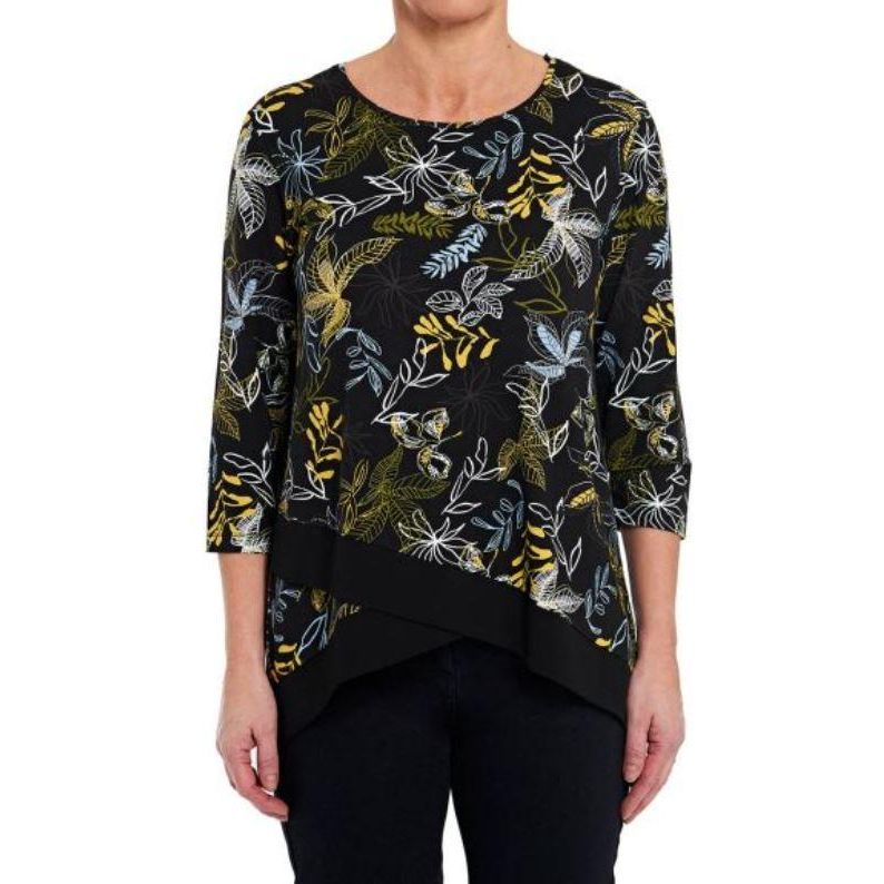 VIZ-A-VIZ Asymmetric Leaf Print Top - Charcoal - Beales department store